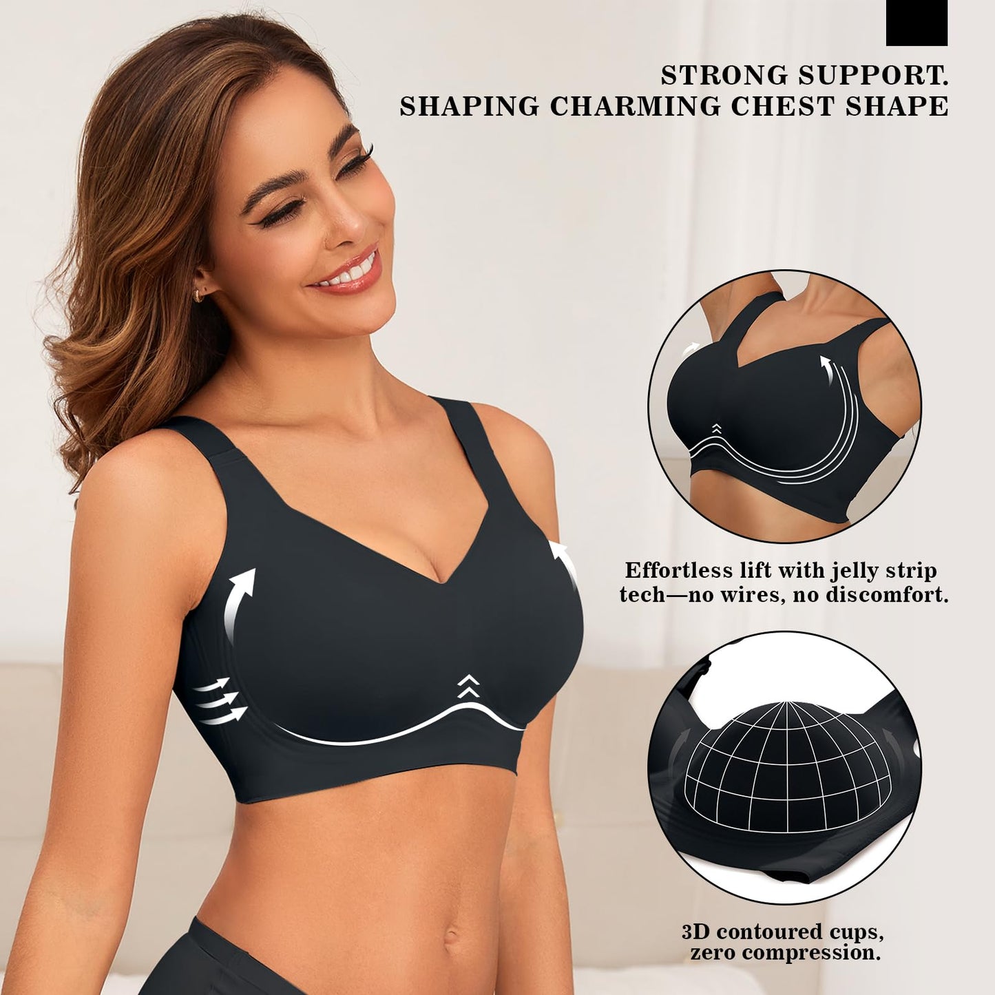 PoseFree Wireless Bras with Support and Lift Wirefree Bras Lift Sagging Breasts Bralette Push Up Seamless Sleep Bra (Black,L)