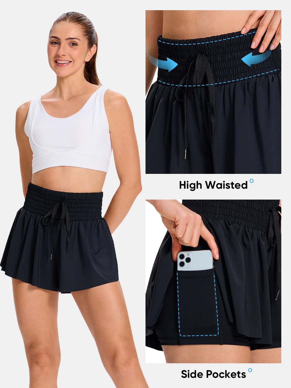 Flowy Womens Athletic Shorts High Waisted Gym Yoga Workout Running Butterfly Tennis Sports Active Wear Skorts Skirts with Pockets Spandex Sweat Pants Cute Lounge Trendy Clothes Casual Summer Black L