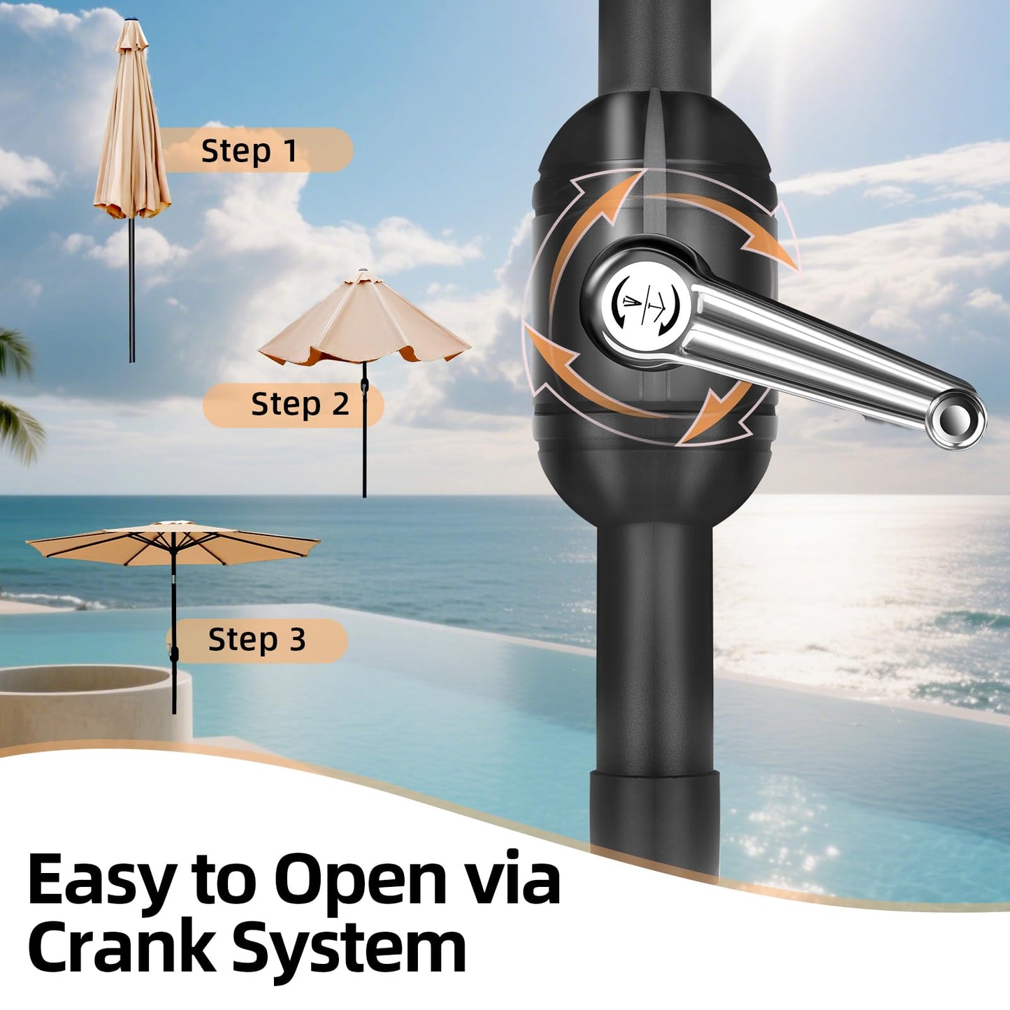 10ft Patio Umbrella, Table Market Umbrella Outdoor Patio with 104 LED Lights 8 Sturdy Ribs & Push Button Tilt and Crank for Deck, Pool, Garden, Backyard