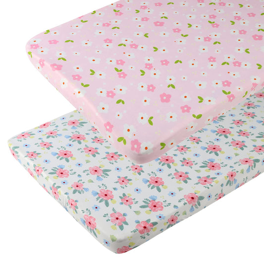 Onacosht Pack n Play Playard Fitted Sheets 2 Pack Set for Baby Girl Soft Stretchy Jersey Knit Portable Mini Crib Mattress Cover, Pink Floral