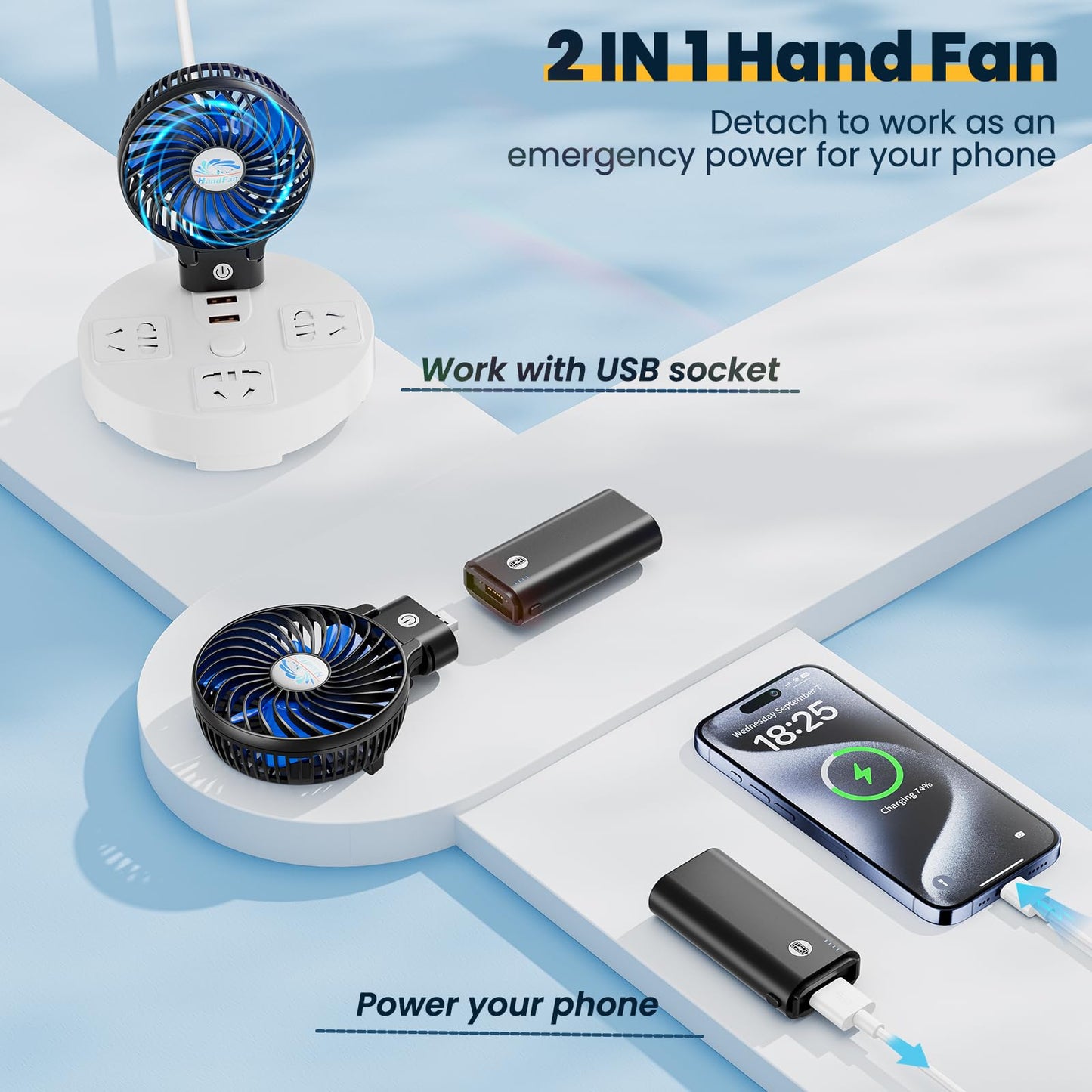 HandFan 5200mAh Portable Handheld Fan Rechargeable with Power Bank-3 Speeds Foldable Personal Cooling, 2-IN-1 Hand Held Fan Battery Operated, 20H Runtime for Travel/Summer/Concerts/Women (Black&Blue)