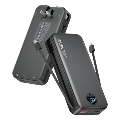 Portable Charger Power Bank, 20000mAh 22.5W USB C Fast Charging with Built-in Cables & Wall Plug, External Battery Bank with LED Display, Travel Essential Compatible with iPhone, iPad, Samsung Black