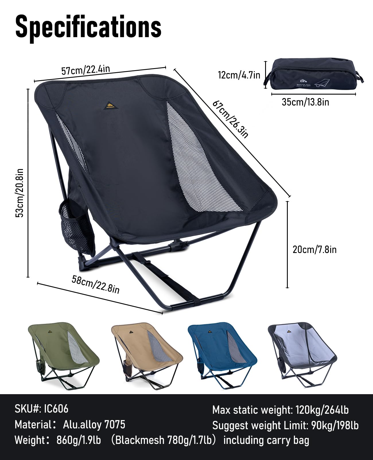 iClimb Low Ultralight Compact Camping Folding Chair with Side Pocket and Carry Bag (Black)