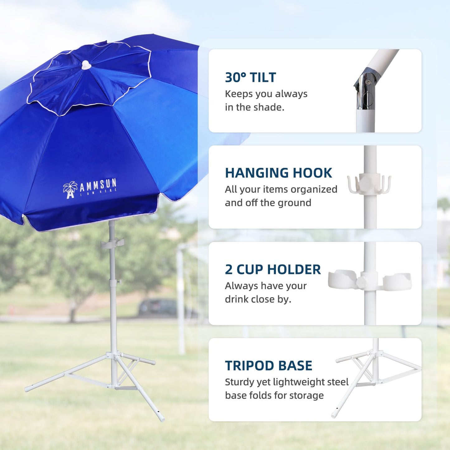AMMSUN Shade Umbrella, Premium Portable Umbrella with Stand, 6.5ft Lightweight Free Standing Canopy for Sporting Games, Adjustable Instant Sun Protection and Easy to Carry, Blue