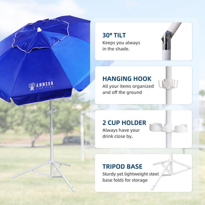 AMMSUN Shade Umbrella, Premium Portable Umbrella with Stand, 6.5ft Lightweight Free Standing Canopy for Sporting Games, Adjustable Instant Sun Protection and Easy to Carry, Blue