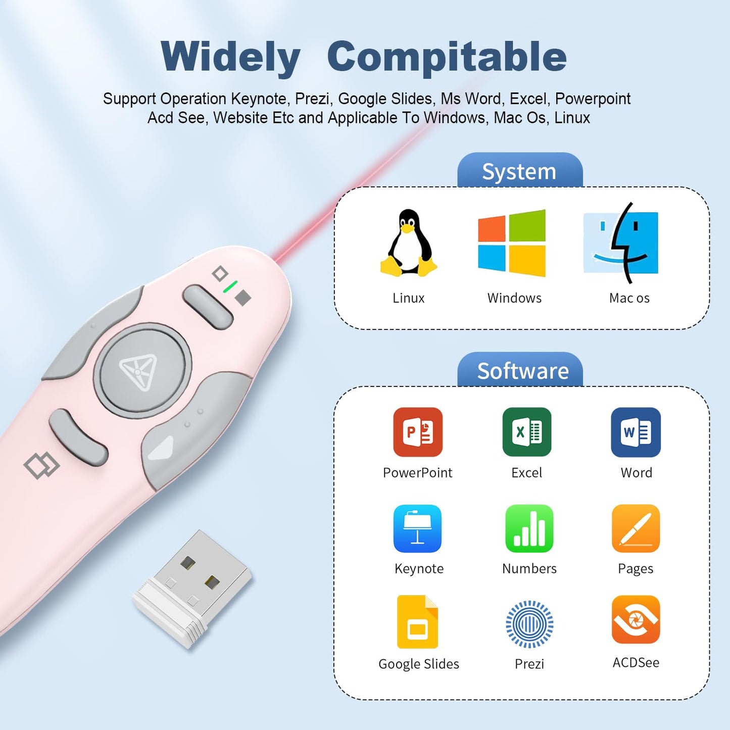 QUI Presentation Clicker Wireless Presenter Remote Clicker for PowerPoint Presentation Remote, PowerPoint Slide Advancer for Mac/Windows/Linux, Google Slide/PPT/Keynote, USB, Pink