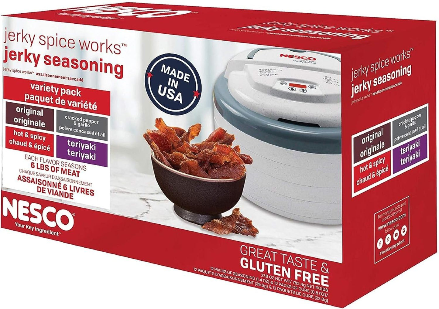 NESCO BJV-25, Jerky Seasoning Original, Hot-N-Spicy, Teriyaki, and Cracked Pepper Flavors, 12 count