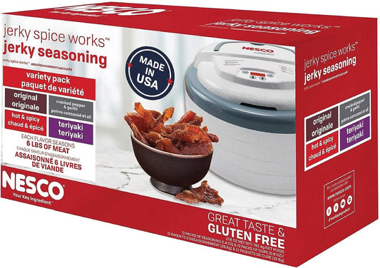 NESCO BJV-25, Jerky Seasoning Original, Hot-N-Spicy, Teriyaki, and Cracked Pepper Flavors, 12 count
