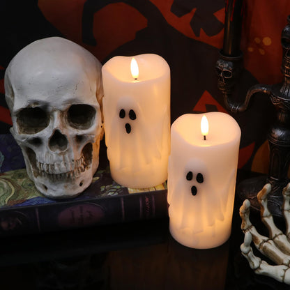 Lasumora Halloween Ghost Flameless Pillar Candles with Remote Timer, Battery Operated LED Candles for Halloween Decorations Indoor Halloween Home Decor Gifts (2 Pack, 3” x 6.5”)