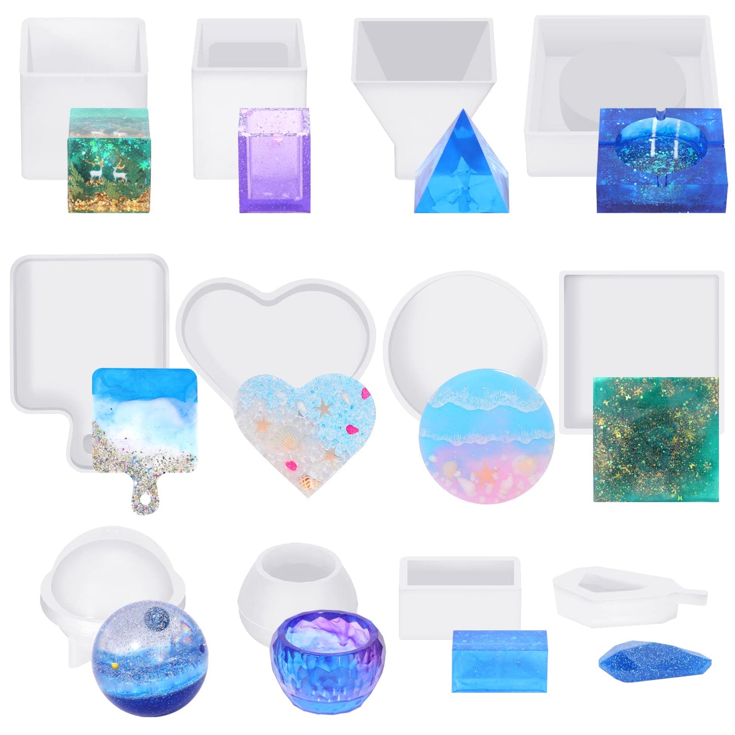 KISREL Resin Molds Kit 12PCS, Epoxy Resin Silicone Molds, Resin Mold Including Cube, Pen Container, Pyramid, Tray, Love, Round, Square, Ball, Flowerpot, Cuboid, Crystal