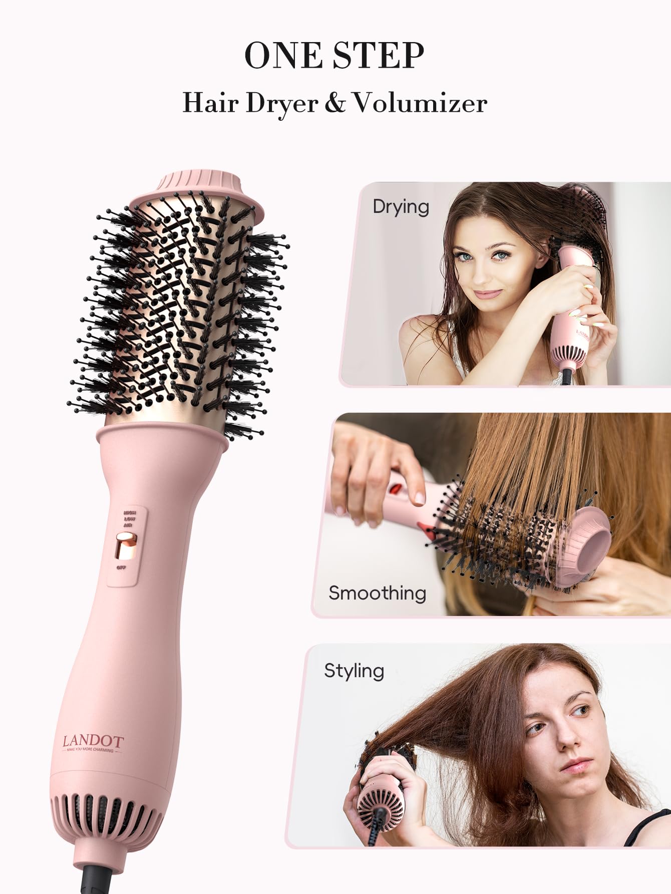 LANDOT Hair Blow Dryer Brush: One-Step Hot Air Brush with 60mm Oval Barrel - 4 in 1 HairDryer Styler and Volumizer for Drying Straightening Curling Volumizing Hair Fight Frizz and Add Volume