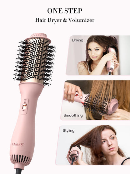 LANDOT Hair Blow Dryer Brush: One-Step Hot Air Brush with 60mm Oval Barrel - 4 in 1 HairDryer Styler and Volumizer for Drying Straightening Curling Volumizing Hair Fight Frizz and Add Volume
