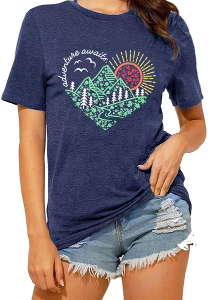 Adventure Awaits Shirt for Women Funny Mountain Road Graphic Kindness Heart Printed Tee Top Hiking Outdoor Workout Tops, Blue M