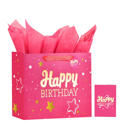 13" Pink Happy Birthday Gift Bag with Tissue Paper and Greeting Card for Party,Happy Birthday Gift Bag for Men Women,Gift Bags Medium size(1 PCS Pink Hot Stamping)