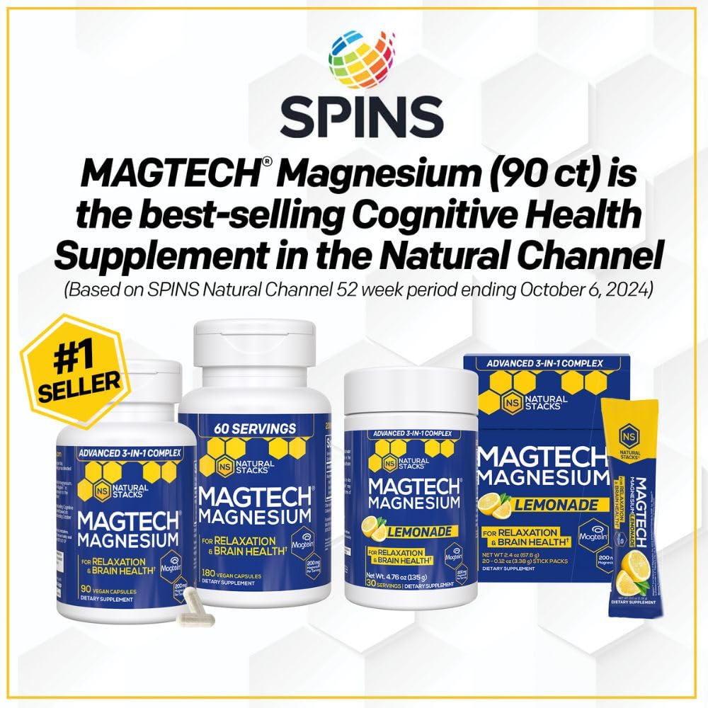 MagTech Magnesium Drink Mix - Sugar Free Lemonade - 3 Forms of Magnesium: Magtein L-Threonate, Glycinate & Taurate - 200mg Chelated Magnesium Complex - Supports Relaxation & Brain Health - 20 Servings