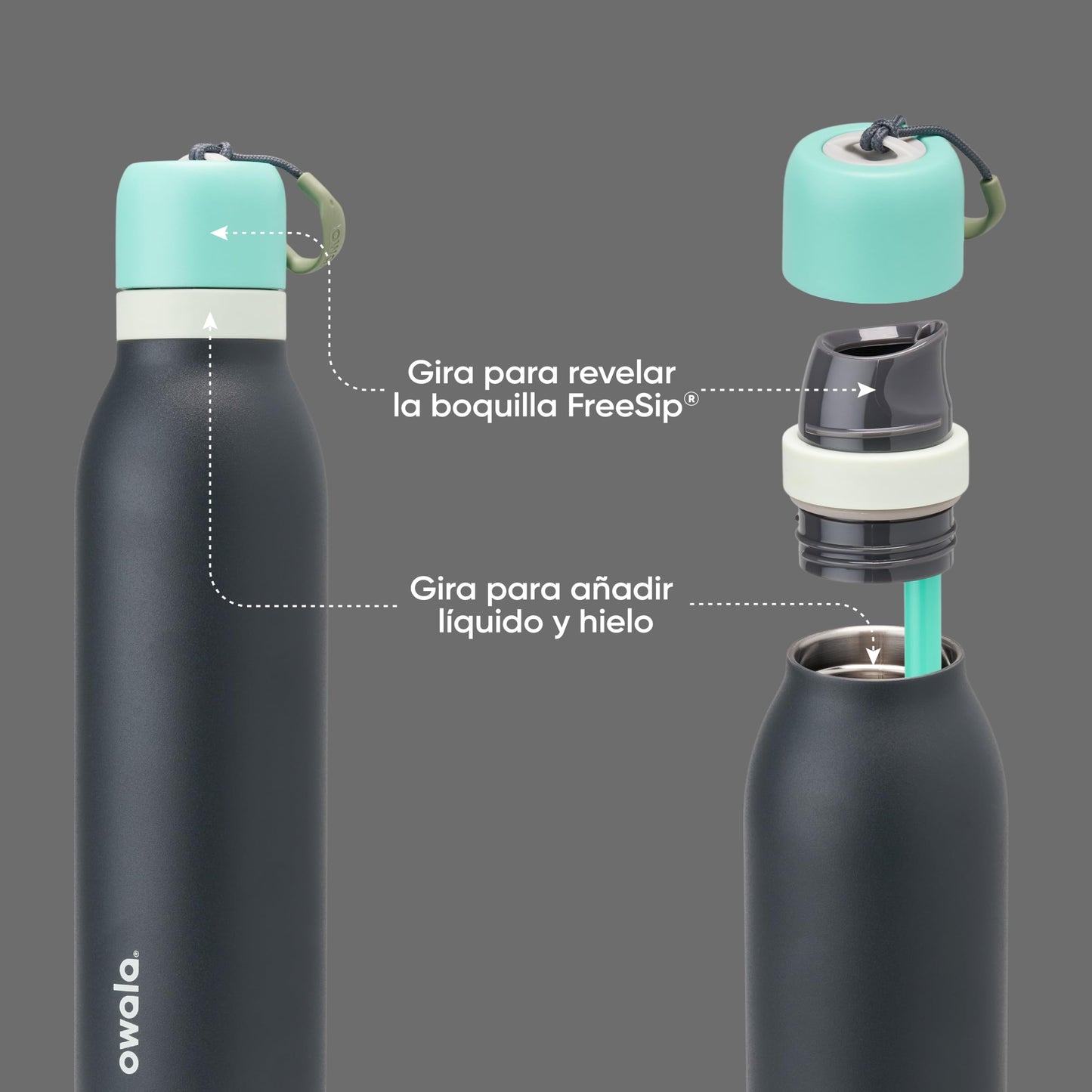 Owala FreeSip Twist Insulated Stainless Steel Water Bottle with Straw for Sports and Travel, BPA-Free, 24-oz, Blue/Grey (Foggy Tide)