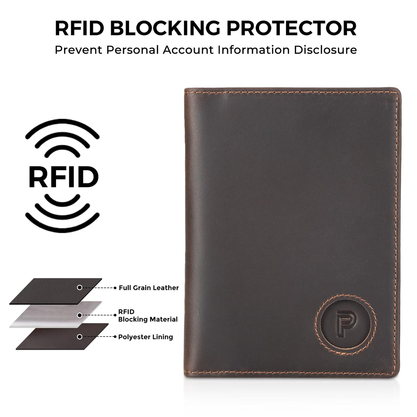 Polare Slim RFID Blocking Leather Passport Holder Travel Bifold Wallet For Men (Dark Brown with AirTag Holder)
