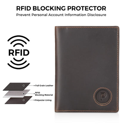 Polare Slim RFID Blocking Leather Passport Holder Travel Bifold Wallet For Men (Dark Brown with AirTag Holder)