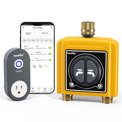 RAINPOINT WiFi Water Timer with Brass Inlet & Outlet，2 Zone WiFi Hose Timer for Lawn,WiFi Sprinkler Controller via APP/Voice Control,Automatic Watering System by Time/Weather/Quantity/Soil Moisture