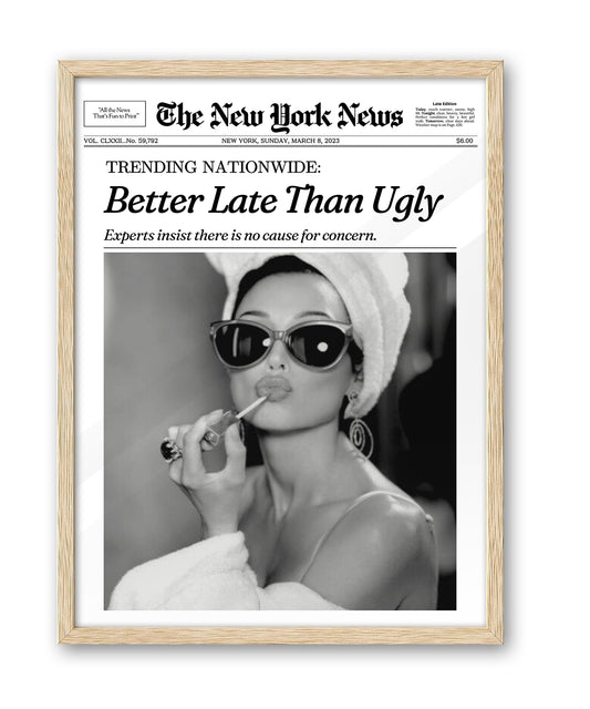 iHery Natural OAK Wood Audrey Hepburn Newspaper Trendy Framed Wall Art, 12x16 in Vintage Headline Canvas Bedroom Wall Decor, Better Late Than Ugly,Set of 1 Bathroom Print Apartment Girly Dorm Room