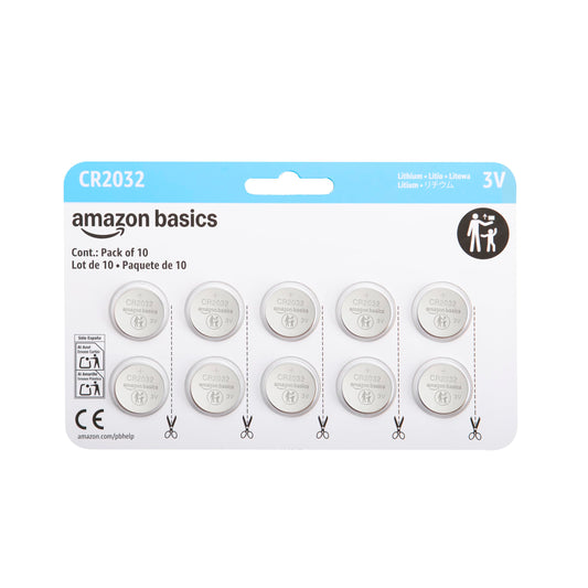 Amazon Basics CR2032 Lithium Batteries, 10-Pack, Child-Proof Package, Non-Coated - AirTag Compatible