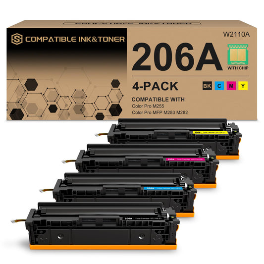 206A Toner Cartridges 4 Pack (with Chip) Works with HP Color Pro MFP M283fdw M283cdw, Pro M255dw M255nw, MFP M282nw M283 M282 M255 Printer | W2110A W2111A W2112A W2113A 206X W2110X