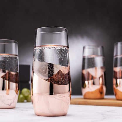 MyGift Modern Champagne Flutes, 11 oz Tilted Design Copper Stemless Champagne Flute Glasses, Set of 4