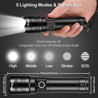 Rechargeable Flashlights 2000 High Lumens Long Range 3280 FT, Super Bright USB C LED Flashlight Long Lasting 15 Hours, Powerful Multifunctional Strong Flash Lights, for Emergency Security Camping