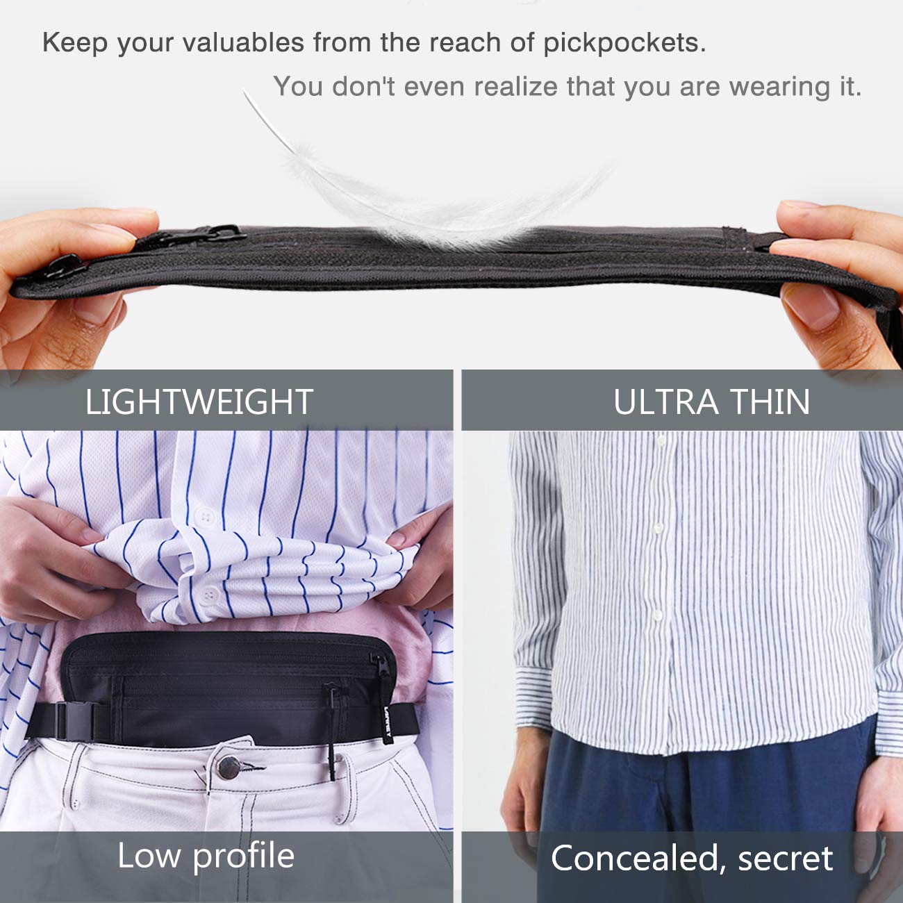 Money Belt for Travel, Slim RFID Blocking Women and Men hidden Travel Pouch Under Clothes, Passport Holder Protect Cash, Documents, Credit Card, Black, Bonus 2 RFID Sleeves