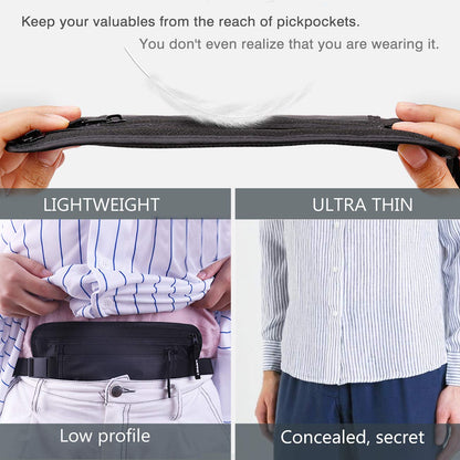 Money Belt for Travel, Slim RFID Blocking Women and Men hidden Travel Pouch Under Clothes, Passport Holder Protect Cash, Documents, Credit Card, Black, Bonus 2 RFID Sleeves