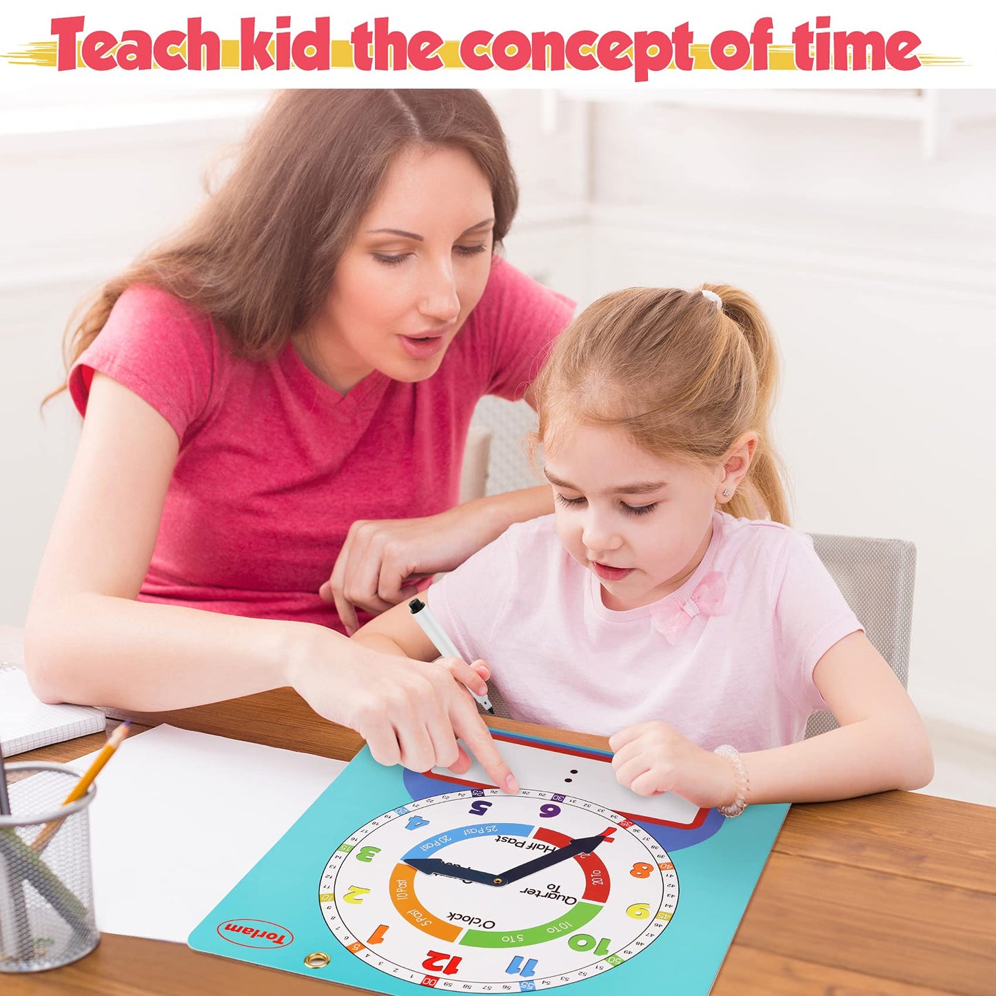 Magnetic Writable Dry Erase Learning Clock | Clock for Kids Learning to Tell Time | Large 12" Demonstration Teaching Time Practice Clock with Dry Erase Writing Surface | Pen Included | (Light Blue)
