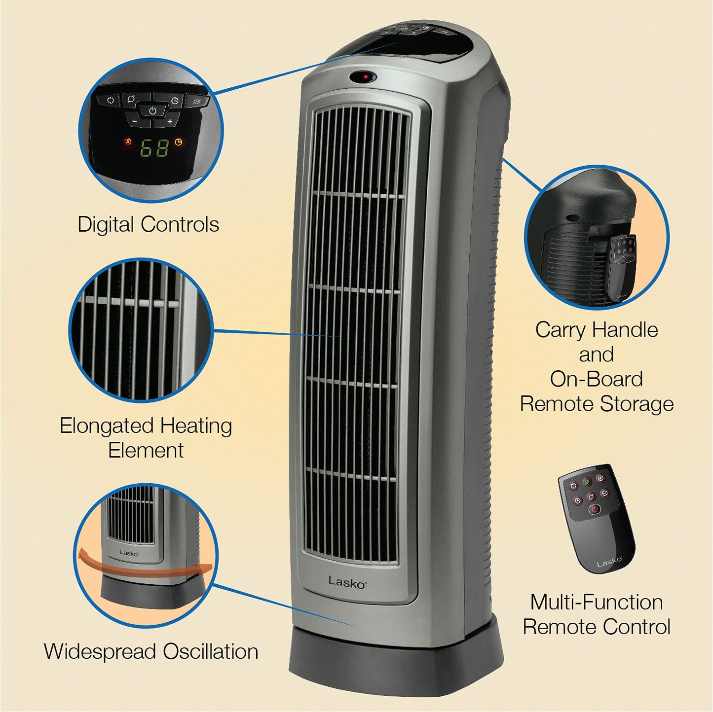 Lasko Portable Oscillating Ceramic Space Heater Tower with Digital Display, Remote Control, 2 Heat Settings and 8 Hour Timer, Gray