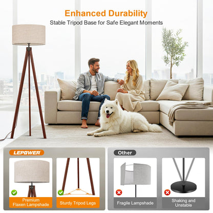 LEPOWER Wood Tripod Floor Lamp, Mid Century Standing Lamp, Modern Design Studying Light for Living Room, Bedroom, Study Room and Office, Flaxen Linen Shade with E26 Base Brown