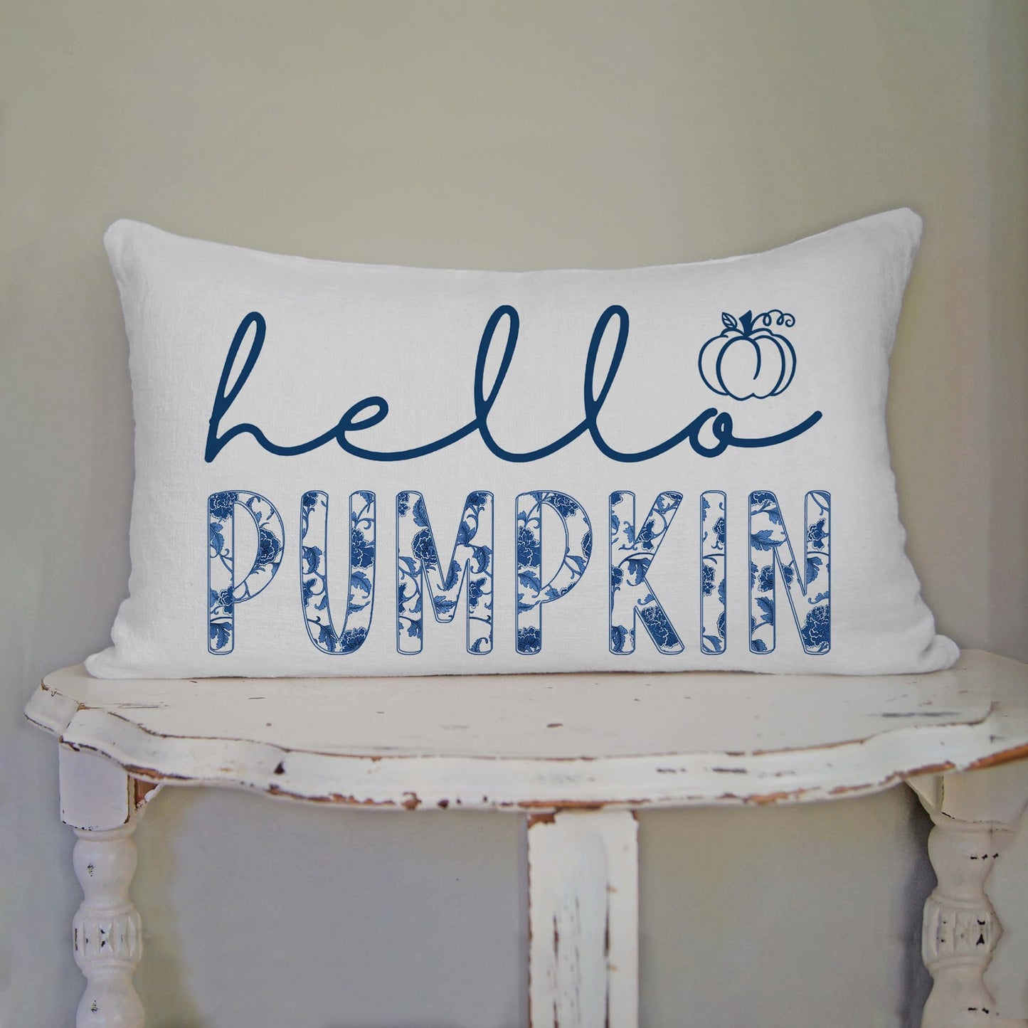 GTEXT Fall Pillow Cover 12x20 inch Blue Chinoiserie Hello Pumpkin Throw Pillow Cover Autumn Decor Thanksgiving Outdoor Seasonal Decorative Pillowcase Recotangle Farmhouse Decor for Sofa Bed Couch