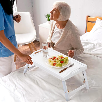 Mayyol Large Breakfast Bed Tray for Eating - Height Adjustable Raised Food Table - Bamboo Serving Tray on Lap Sofa - Portable Snack Platter with Folding Legs Ideal for Bedroom Picnic - White
