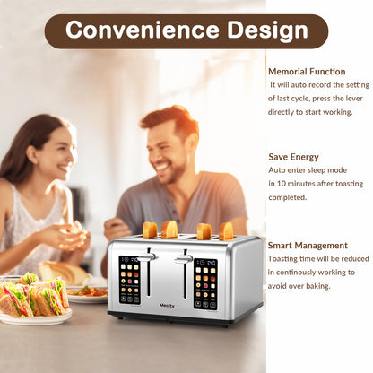 Mecity 4 Slice Toaster with Touch Screen Control, 4 Wide Slots, Stainless Steel Smart Bread Toaster for Bagels, Muffins, Waffles, Dual Control Panel, Timer, Defrost, Reheat, 120V 1650W