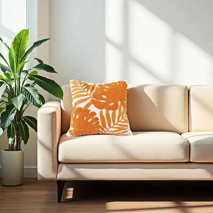 Hodeco Embroidery Throw Pillow Covers 18x18 Home Decor Floor Pillow Cover for Couch Bed Chair 100% Cotton Loop Embroidered Orange Tropical Leaves Cushion Cover Square Pillowcase 45x45cm, 1 Piece
