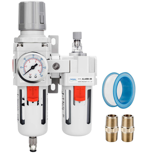 NANPU 3/4" NPT Compressed Air Filter Regulator Lubricator Combo (FRL) Water/Oil Trap Separator - Gauge(0-150 psi), 5 Micron Brass Element,Poly Bowl, Semi-Auto Drain, Metal Bracket
