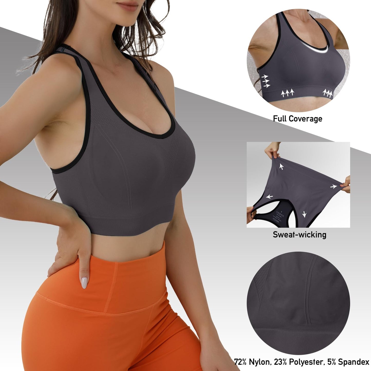 Match Racerback Sports Bras for Women – Padded Seamless Strappy Workout Tops for Yoga Gym Runing Fitness Sports Bras (1 Pack of 3(Green-Gray-Blue), X-Large)