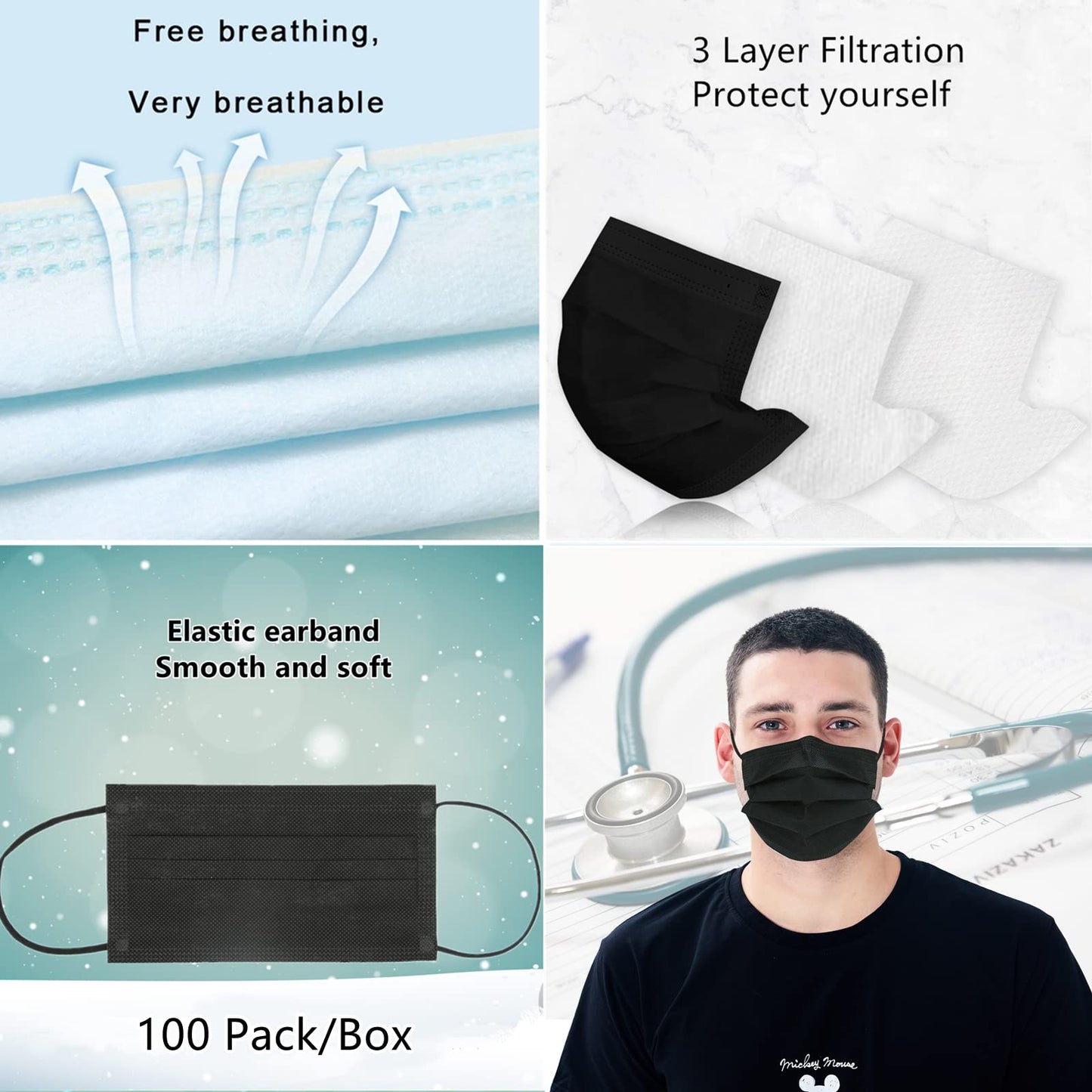 mystcare Individually Wrapped Masks 100 Pack Disposable,Face Mask Protection for Adults 3-Layer Filter Safety Face Masks(100, Black)