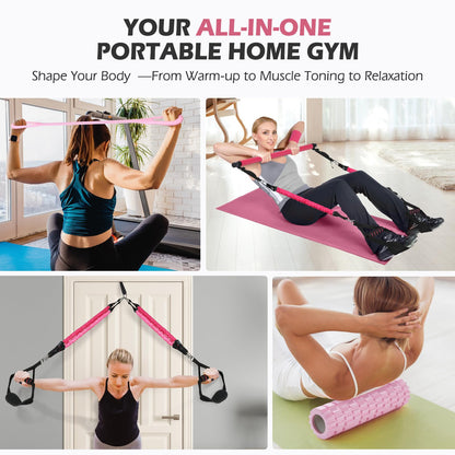 Pilates Bar Kit with Back Expander & Foam Roller, ALongSong Gym Bar Kit with 6 Latex Elastic Resistance Bands, Portable Home Workout Exercise Equipment for Home Full-Body Workouts