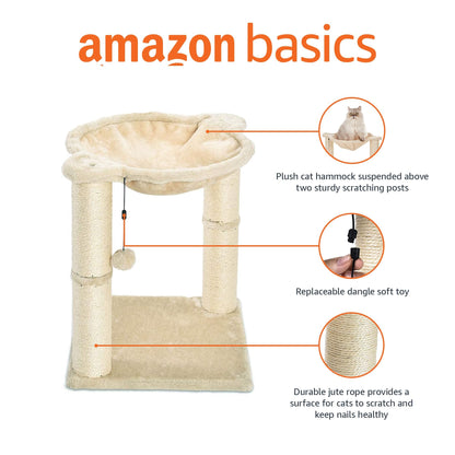 Amazon Basics Cat Condo Tower with Hammock Bed and Scratching Post,Easy to Assemble,Plush Hammock,Interactive Hanging Ball,Durable Sisal Scratch Posts for Indoor Cats, 15.8 x 15.8 x 19.7 Inches, Beige