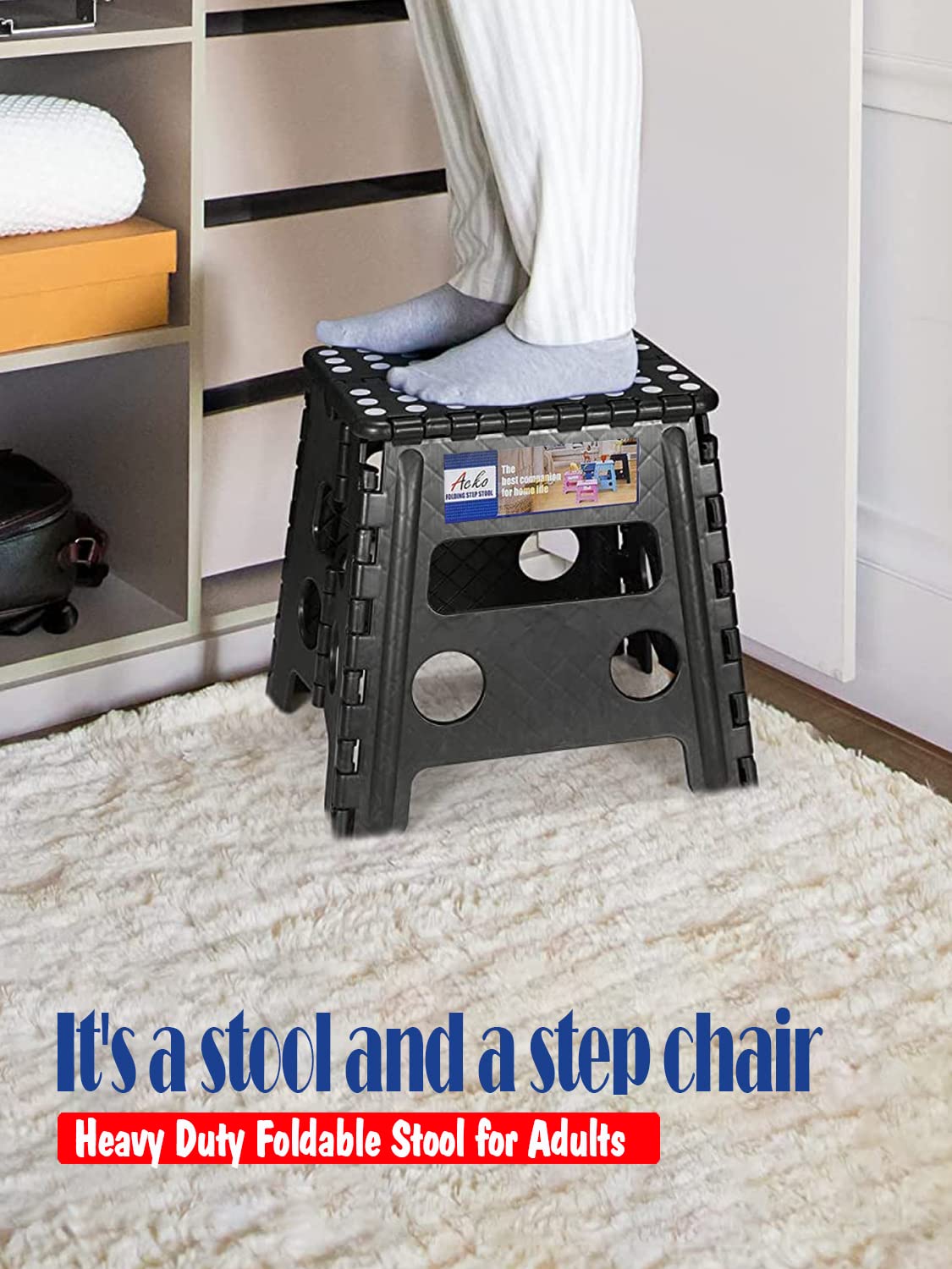 ACKO Folding Step Stool 13 inch Heavy Duty Plastic Foldable Step Stool for Kids and Adults, Small Collapsible Fold Up Stepping Stool 1 Pack