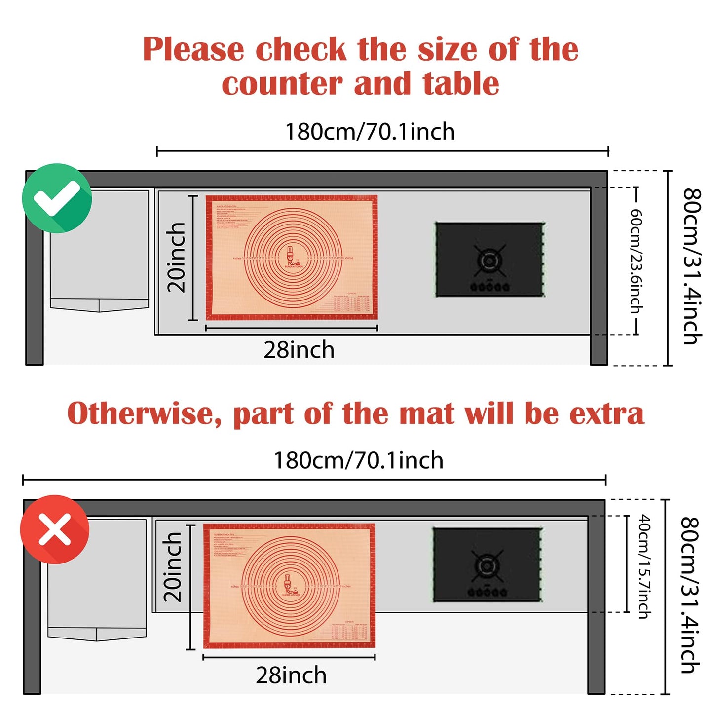Non-slip Silicone Pastry Mat Extra Large with Measurements 28''By 20'' for Silicone Baking Mat, Counter, Dough Rolling, Oven Liner,Fondant/Pie Crust By Folksy Super Kitchen Red