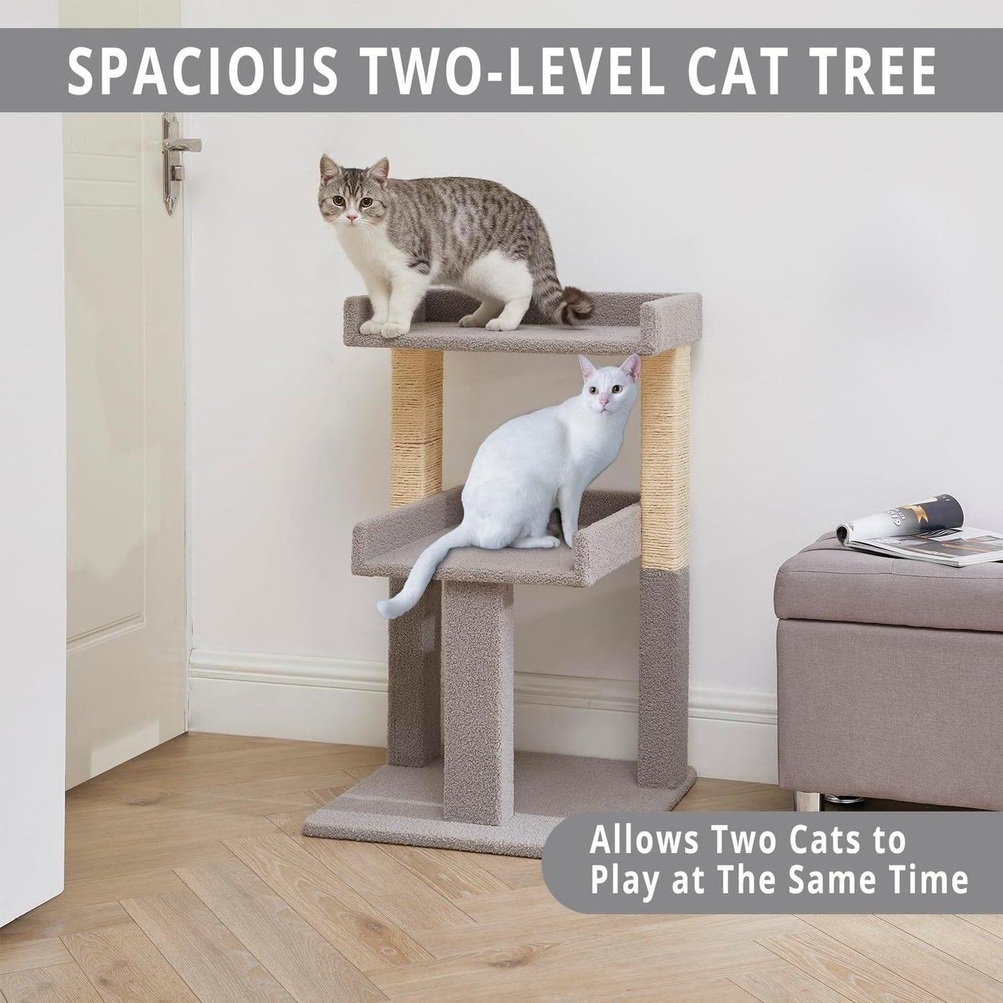 Lulu Cat Tree Tower - 2 Tier Cat condo for Large Cats Tower with Scratching Post Multi - Level Tree for Large Indoor Cats by Naomi Home Gray