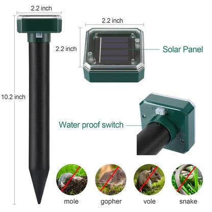 Mole Repellent Solar Powered 4 Pack,Snake Vole Repellent Outdoor, Gopher Repeller Ultrasonic Solar Powered for Lawn Garden Waterproof, Sonic Mole Spikes,Get Rid of Moles Groundhog Chipmunk Repellent