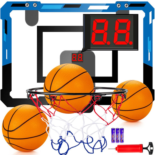Loiley Basketball Hoop Indoor for Kids Adults with Scorer with 2 Scoring Methods, Door Room Basketball Mini Hoop with 3 Batteries and Balls, Basketball Accessories for Teen Boy Gifts, Blue