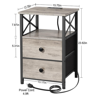 AMHANCIBLE Night Stand, Nightstand with Charging Station, End Tables Living Room with Fabric Drawer, Bedside Table with USB Ports and Outlets for Small Spaces Bedroom, Greige HET05XGY1