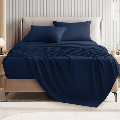 Queen Size 4 Piece Bed Sheet Set - Ultra Imitation Cotton-Premium Breathable & Cooling Sheets - Hotel Luxury Bed Sheets Deep Pocket up to 15"- Wrinkle, Fade, Stain Resistant (Navy Blue, Queen)