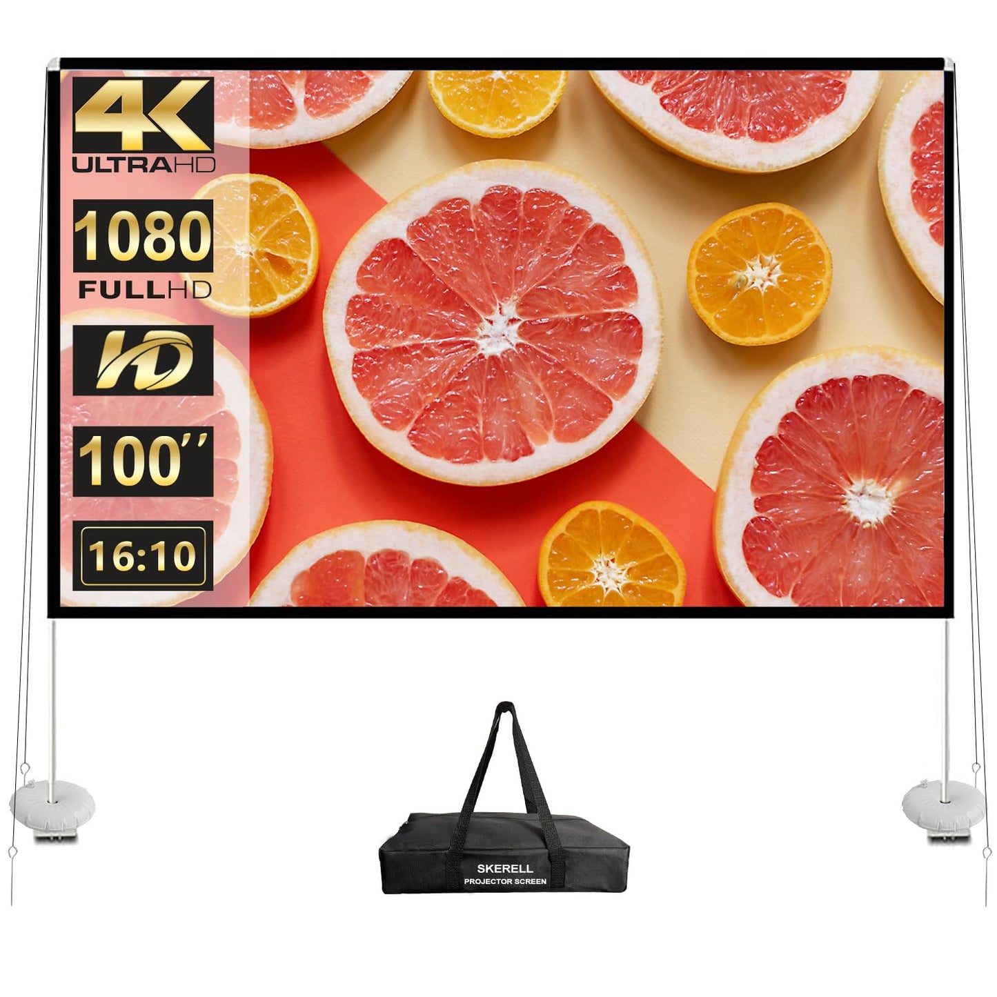 Outdoor Projector Screen with Stand 100 Inch: Portable Projection Screen 16:10 4K HD Outdoor Movie Screen with Carry Bag for Home Backyard Theater